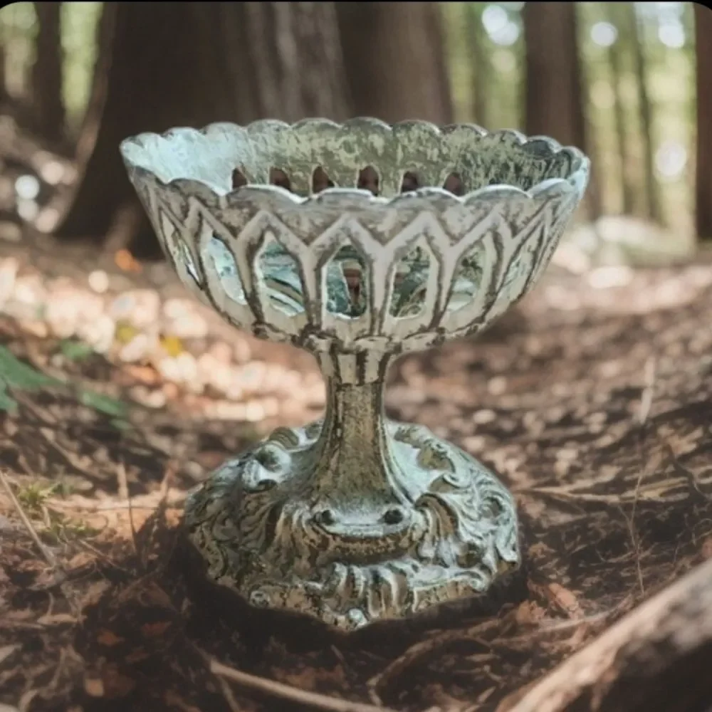 Vintage Distressed Metal Candleholder Cutwork Chalice with Felted Bottom